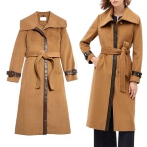 Cole Haan Wool Blend Trench Coat Faux Leather Trim
